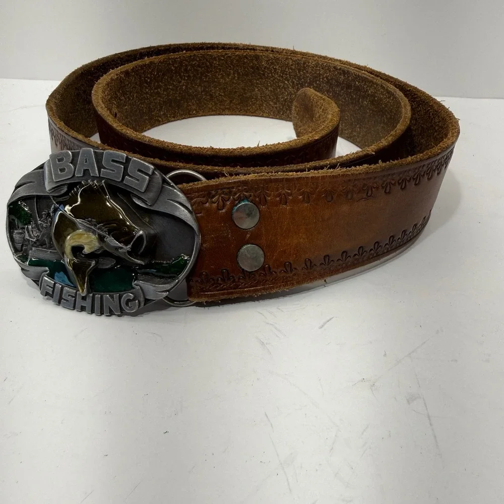 Siskiyou Buckle Co Bass Fishing Belt Buckle F-40 Vintage Brown Leather Belt